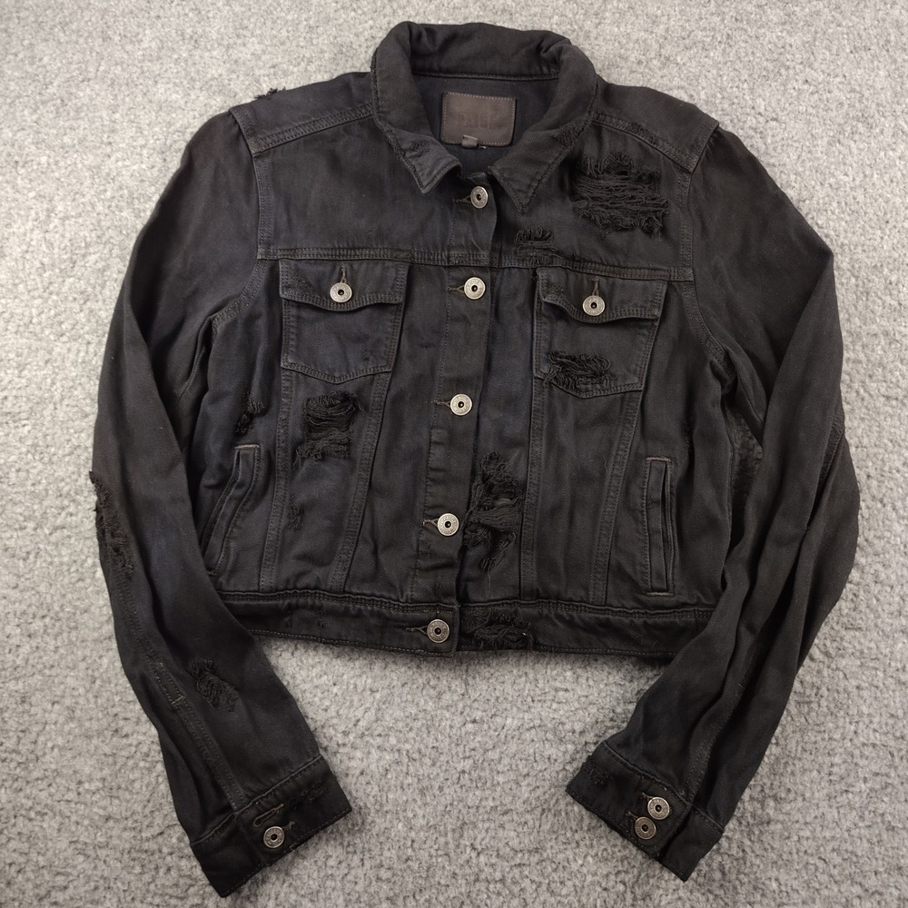 Paige Black Black Denim Jacket Womens Medium Cropped Trucker Jean Distressed